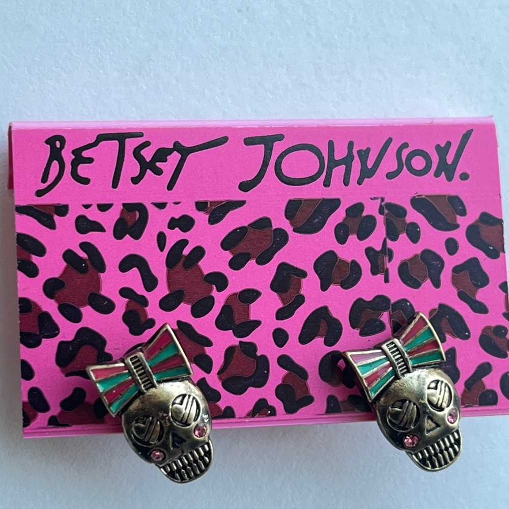 Betsey Johnson Metallic Skull Earrings with Pink and Green Bows